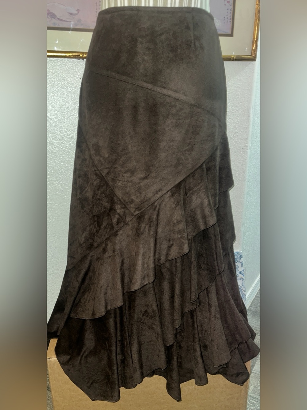 Tribal Tiered Ruffle Maxi Skirt Size 4 Brown Boho Western Asymmetrical